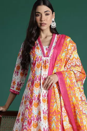 Ethnic Motifs Printed Mirror Work Pure Cotton Kurta with Trousers & With Dupatta