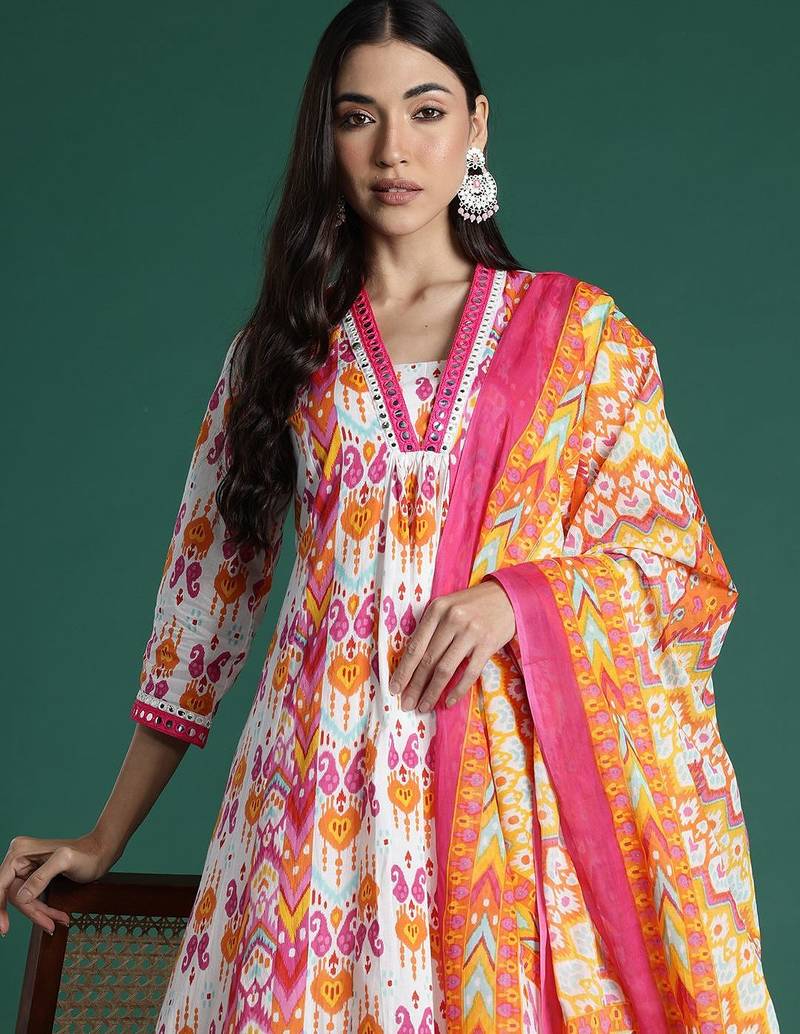 Ethnic Motifs Printed Mirror Work Pure Cotton Kurta with Trousers & With Dupatta