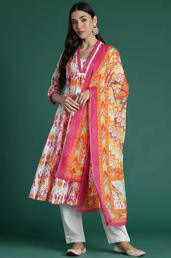 Ethnic Motifs Printed Mirror Work Pure Cotton Kurta with Trousers & With Dupatta