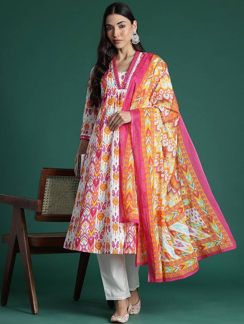 Ethnic Motifs Printed Mirror Work Pure Cotton Kurta with Trousers & With Dupatta