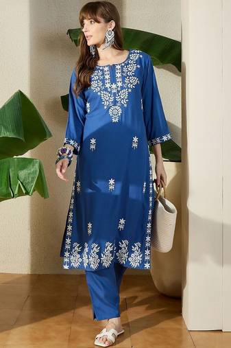 Floral Embroidered Straight Kurta with Trousers