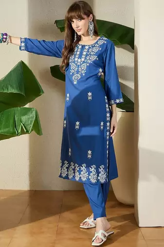 Floral Embroidered Straight Kurta with Trousers