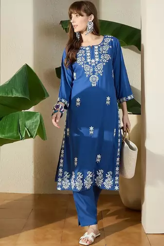 Floral Embroidered Straight Kurta with Trousers
