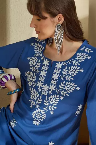 Floral Embroidered Straight Kurta with Trousers
