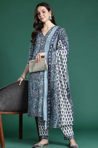 Floral Printed Regular Pure Cotton Kurta with Trousers & Dupatta