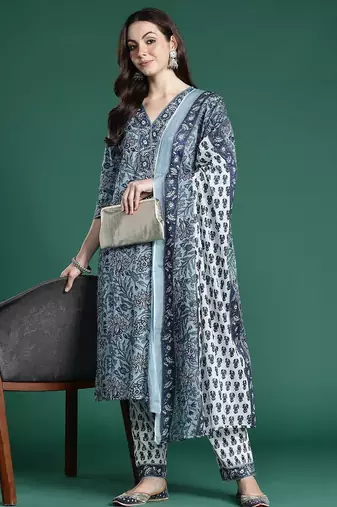 Floral Printed Regular Pure Cotton Kurta with Trousers & Dupatta