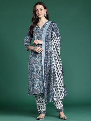 Floral Printed Regular Pure Cotton Kurta with Trousers & Dupatta 5