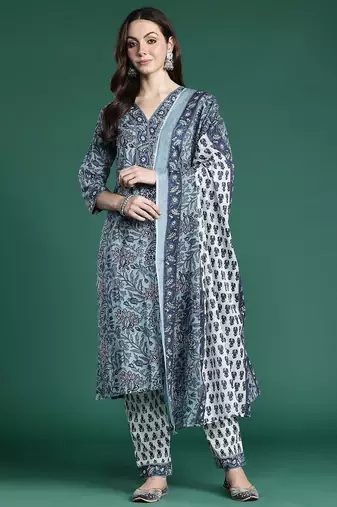 Floral Printed Regular Pure Cotton Kurta with Trousers & Dupatta