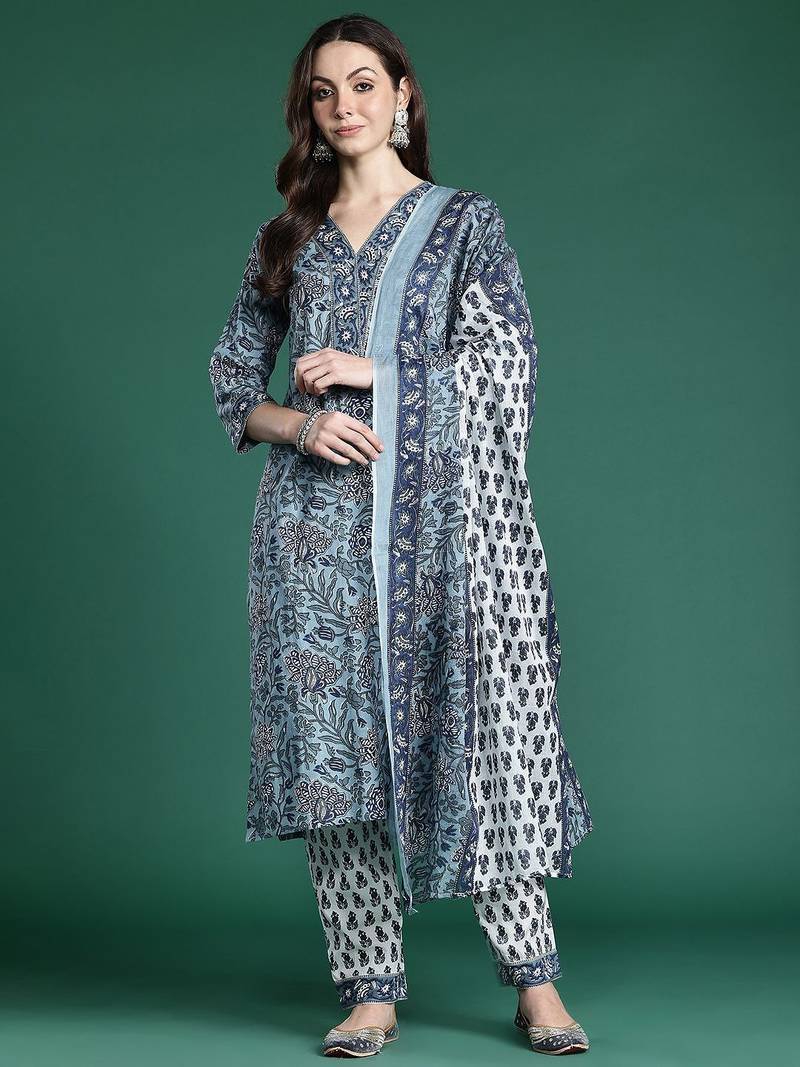 Floral Printed Regular Pure Cotton Kurta with Trousers & Dupatta