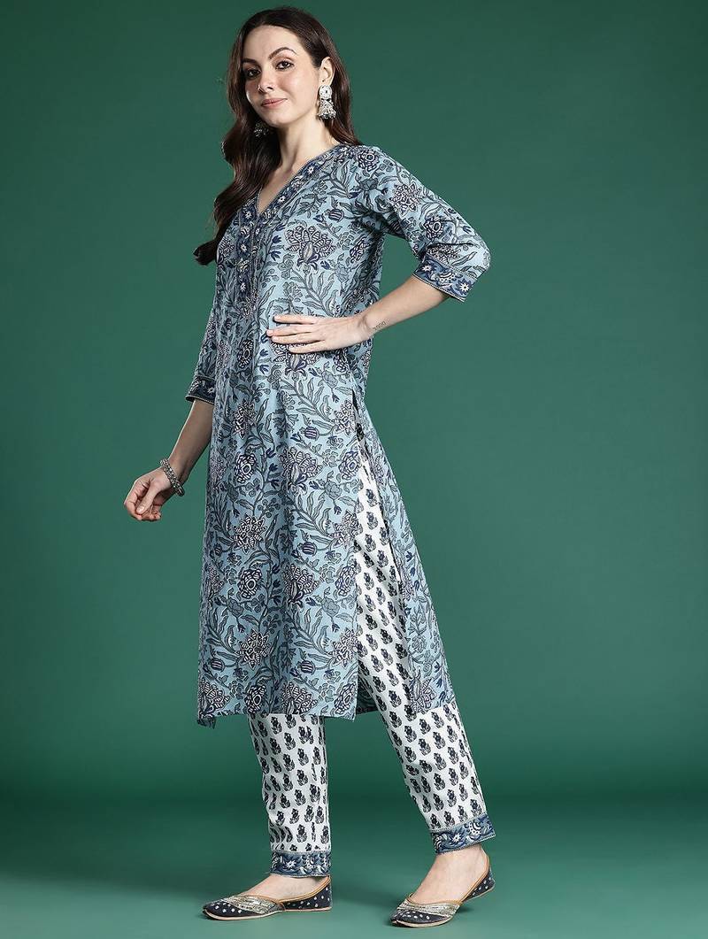 Floral Printed Regular Pure Cotton Kurta with Trousers & Dupatta