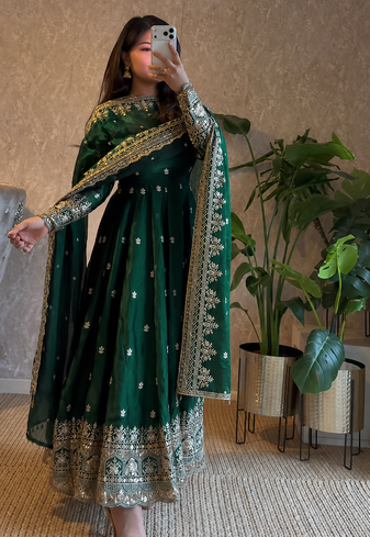 dark green color sequin embroidery silk blend gown set