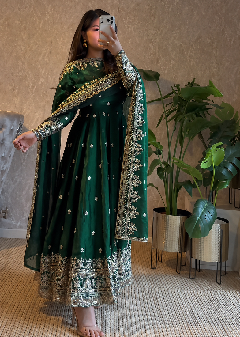 dark green color sequin embroidery silk blend gown set