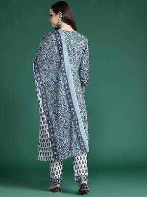 Floral Printed Regular Pure Cotton Kurta with Trousers & Dupatta 7