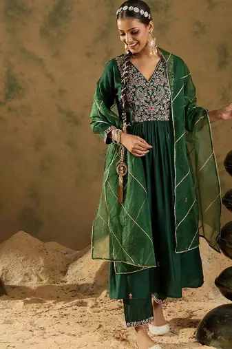 Embroidered Zari Work Regular Sleeves A-line Shape V-Neck Liva Kurta Set