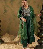 Embroidered Zari Work Regular Sleeves A-line Shape V-Neck Liva Kurta Set