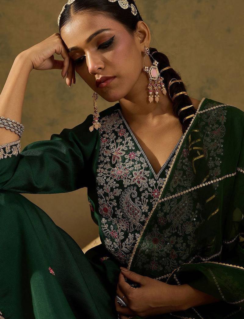 Embroidered Zari Work Regular Sleeves A-line Shape V-Neck Liva Kurta Set