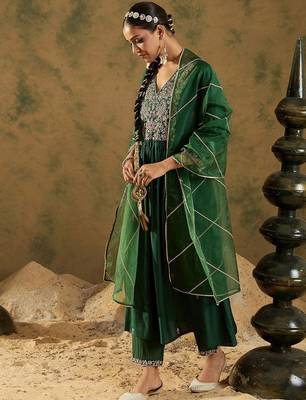 Embroidered Zari Work Regular Sleeves A-line Shape V-Neck Liva Kurta Set 5