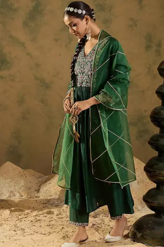 Embroidered Zari Work Regular Sleeves A-line Shape V-Neck Liva Kurta Set