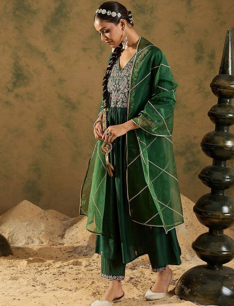 Embroidered Zari Work Regular Sleeves A-line Shape V-Neck Liva Kurta Set