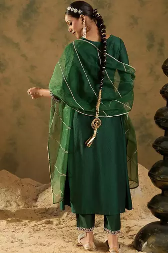 Embroidered Zari Work Regular Sleeves A-line Shape V-Neck Liva Kurta Set
