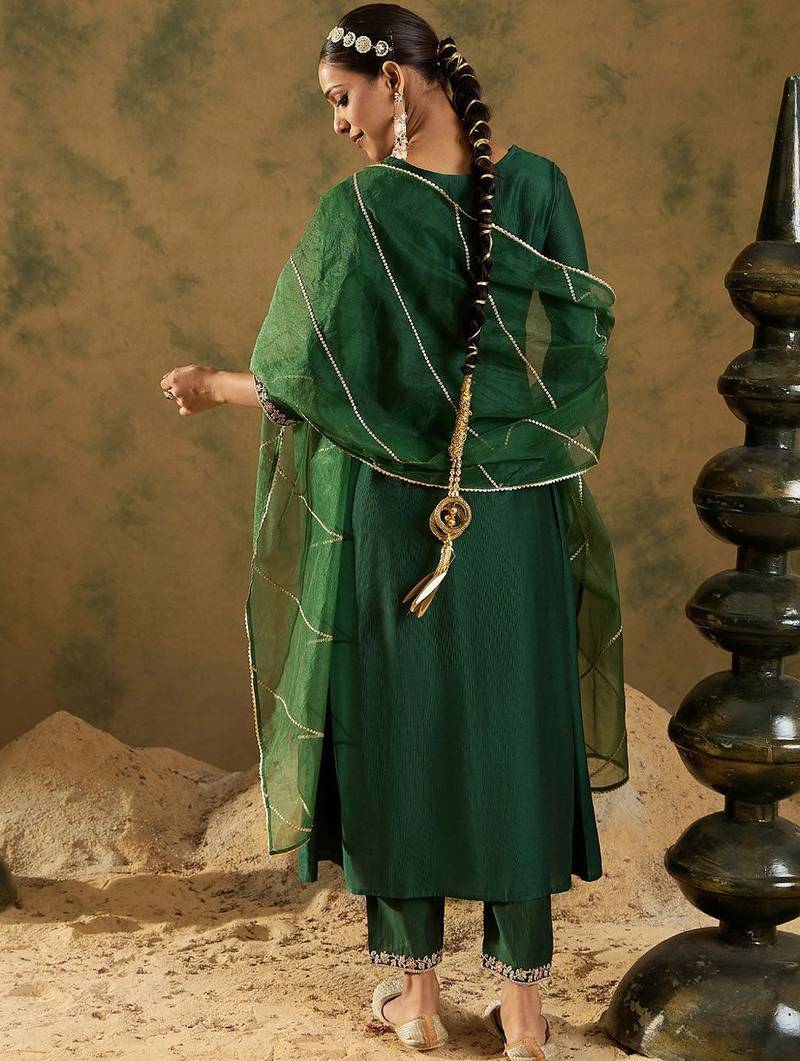 Embroidered Zari Work Regular Sleeves A-line Shape V-Neck Liva Kurta Set