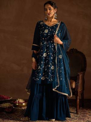 Floral Embroidered V-Neck Thread Work Straight Kurta With Sharara & Dupatta 1