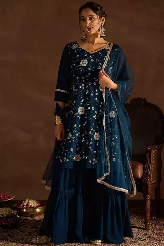 Floral Embroidered V-Neck Thread Work Straight Kurta With Sharara & Dupatta