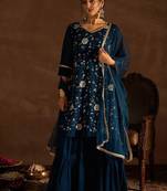 Floral Embroidered V-Neck Thread Work Straight Kurta With Sharara & Dupatta