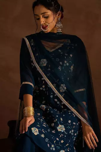 Floral Embroidered V-Neck Thread Work Straight Kurta With Sharara & Dupatta