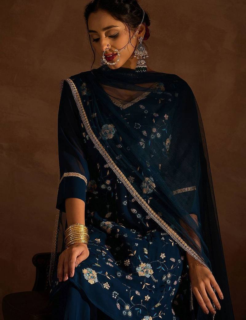 Floral Embroidered V-Neck Thread Work Straight Kurta With Sharara & Dupatta