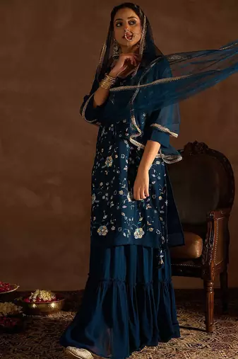 Floral Embroidered V-Neck Thread Work Straight Kurta With Sharara & Dupatta