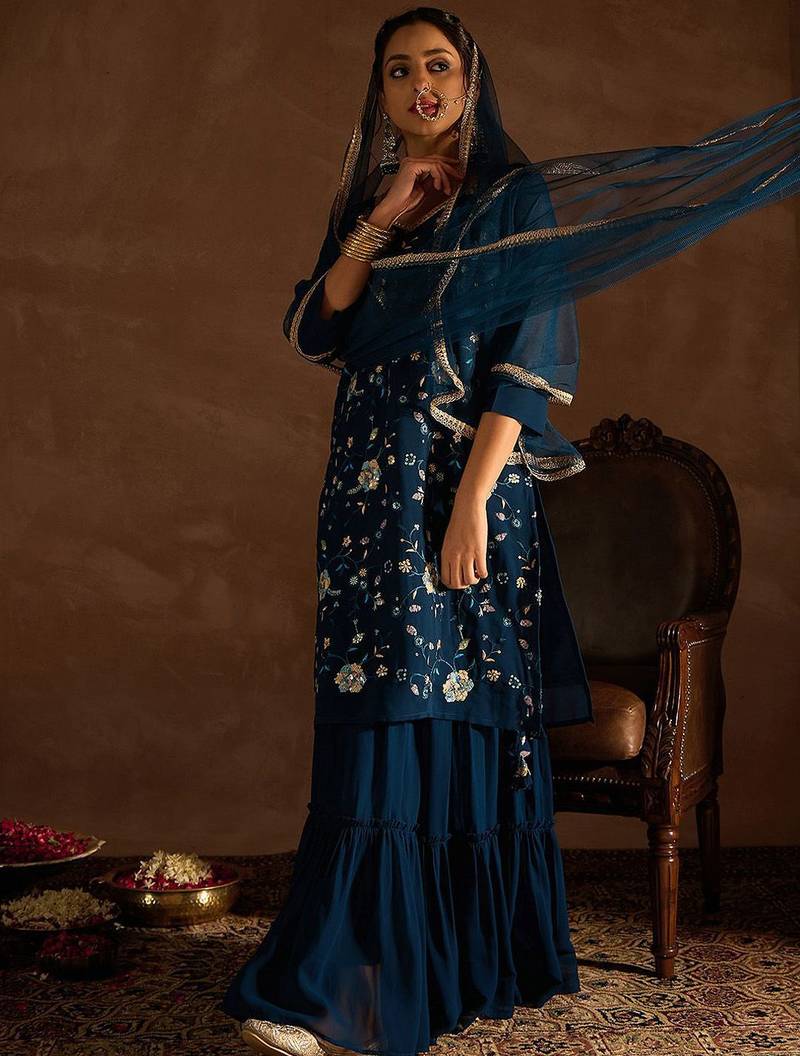 Floral Embroidered V-Neck Thread Work Straight Kurta With Sharara & Dupatta
