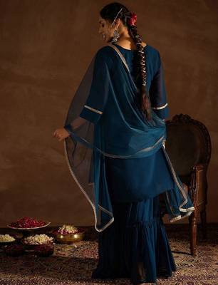 Floral Embroidered V-Neck Thread Work Straight Kurta With Sharara & Dupatta 6