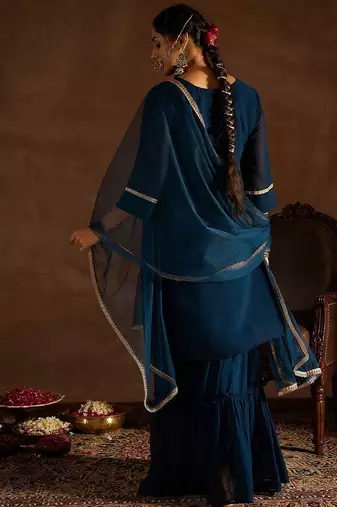 Floral Embroidered V-Neck Thread Work Straight Kurta With Sharara & Dupatta