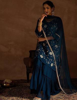Floral Embroidered V-Neck Thread Work Straight Kurta With Sharara & Dupatta 7