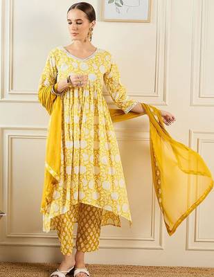 Floral Printed A-Line Mirror Work Pure Cotton Kurta with Trousers & Dupatta 1
