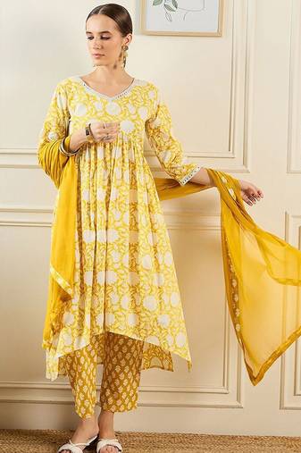 Floral Printed A-Line Mirror Work Pure Cotton Kurta with Trousers & Dupatta