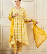 Floral Printed A-Line Mirror Work Pure Cotton Kurta with Trousers & Dupatta