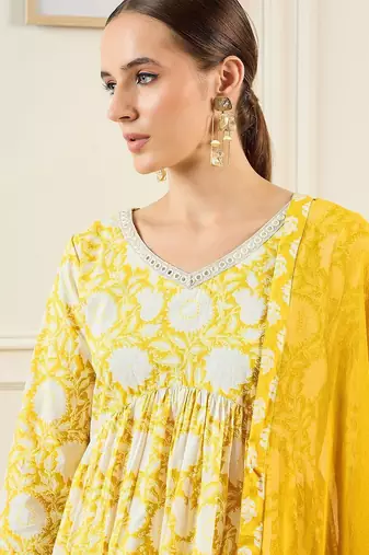Floral Printed A-Line Mirror Work Pure Cotton Kurta with Trousers & Dupatta