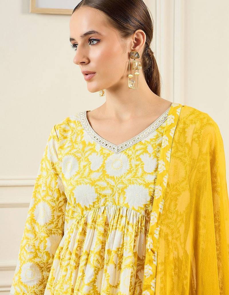 Floral Printed A-Line Mirror Work Pure Cotton Kurta with Trousers & Dupatta