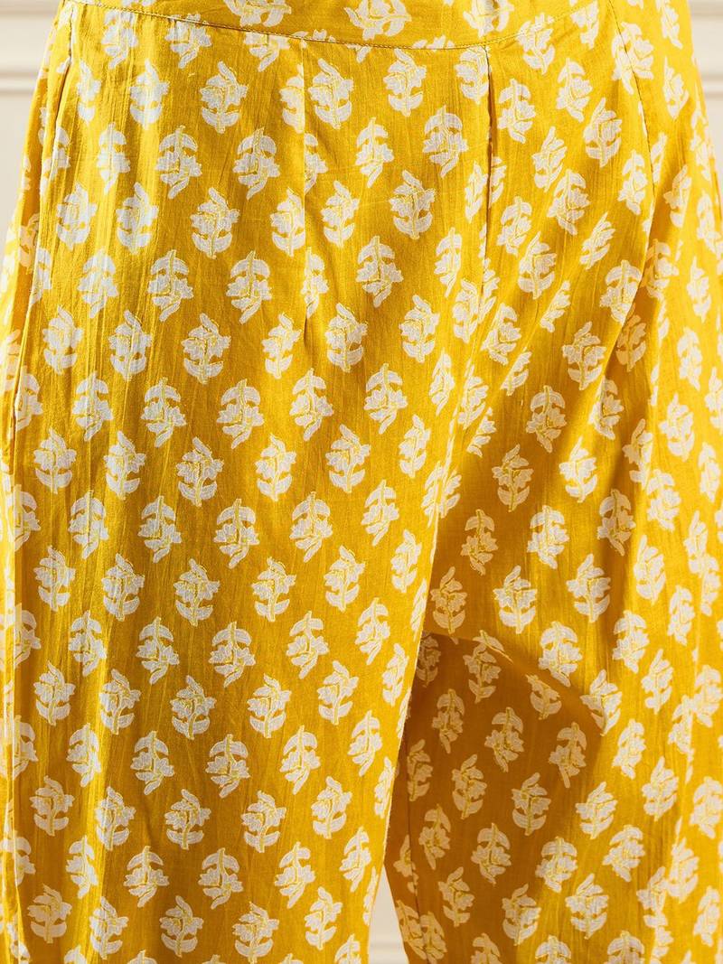 Floral Printed A-Line Mirror Work Pure Cotton Kurta with Trousers & Dupatta