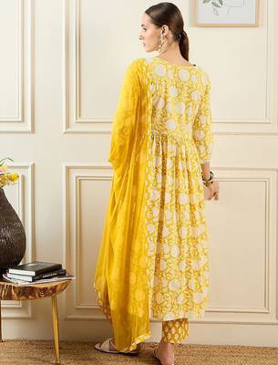 Floral Printed A-Line Mirror Work Pure Cotton Kurta with Trousers & Dupatta 5