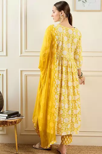 Floral Printed A-Line Mirror Work Pure Cotton Kurta with Trousers & Dupatta