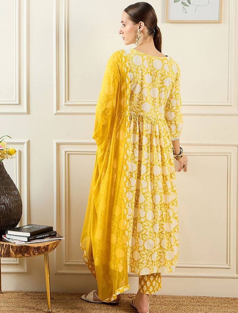 Floral Printed A-Line Mirror Work Pure Cotton Kurta with Trousers & Dupatta