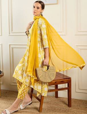 Floral Printed A-Line Mirror Work Pure Cotton Kurta with Trousers & Dupatta 6
