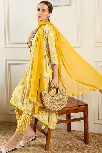 Floral Printed A-Line Mirror Work Pure Cotton Kurta with Trousers & Dupatta