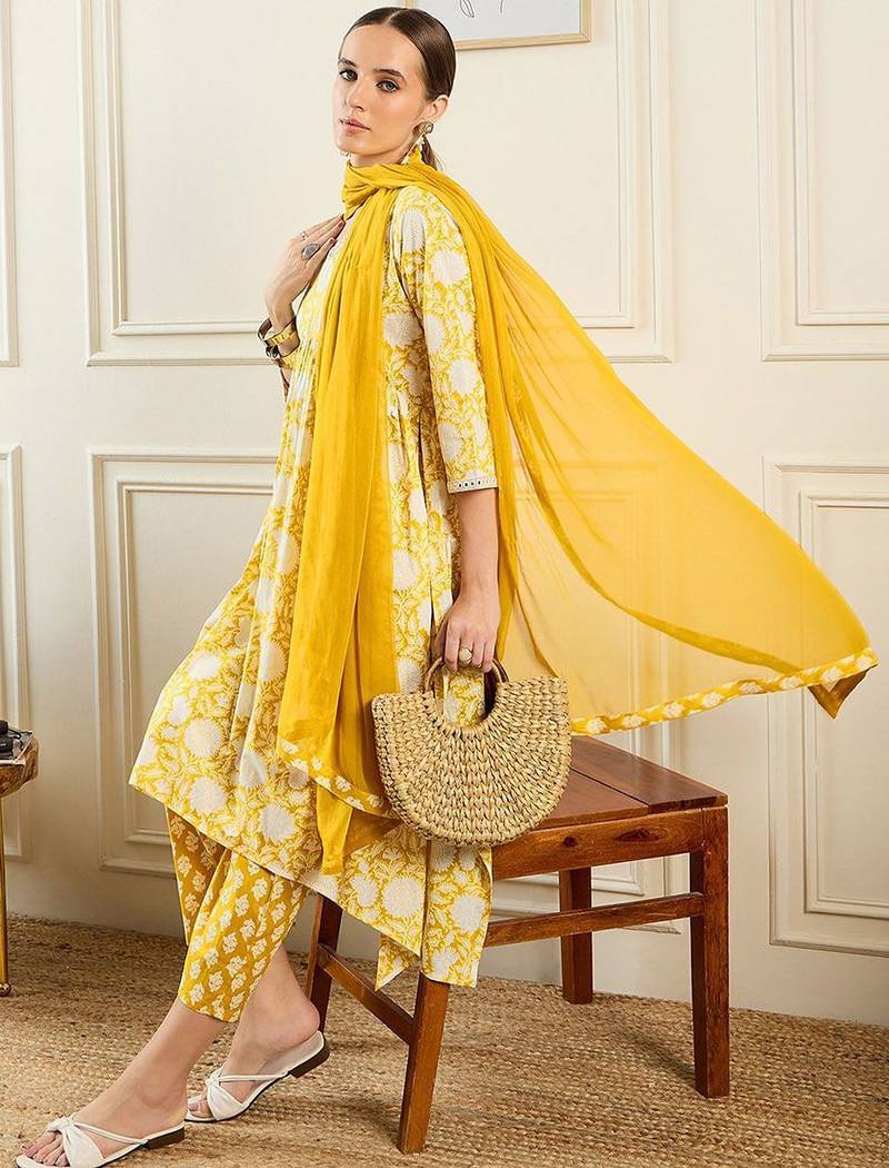 Floral Printed A-Line Mirror Work Pure Cotton Kurta with Trousers & Dupatta