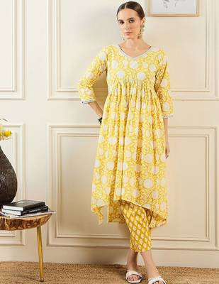 Floral Printed A-Line Mirror Work Pure Cotton Kurta with Trousers & Dupatta 7
