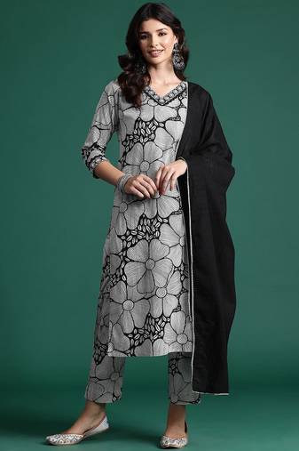 Women Printed Mirror Work Pure Cotton Kurta With Trousers & Dupatta