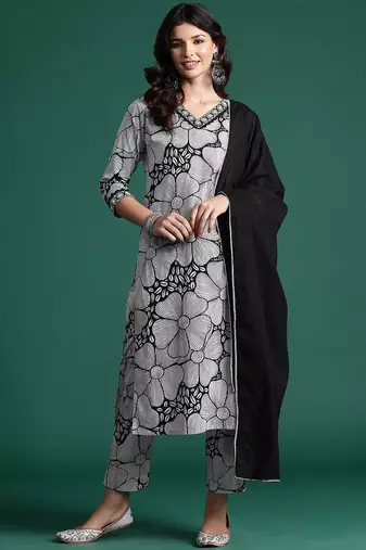 Women Printed Mirror Work Pure Cotton Kurta With Trousers & Dupatta